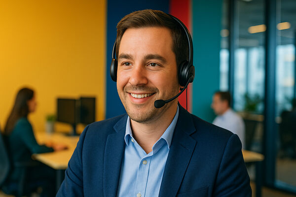 Männliche Person mit Headset im Büro.