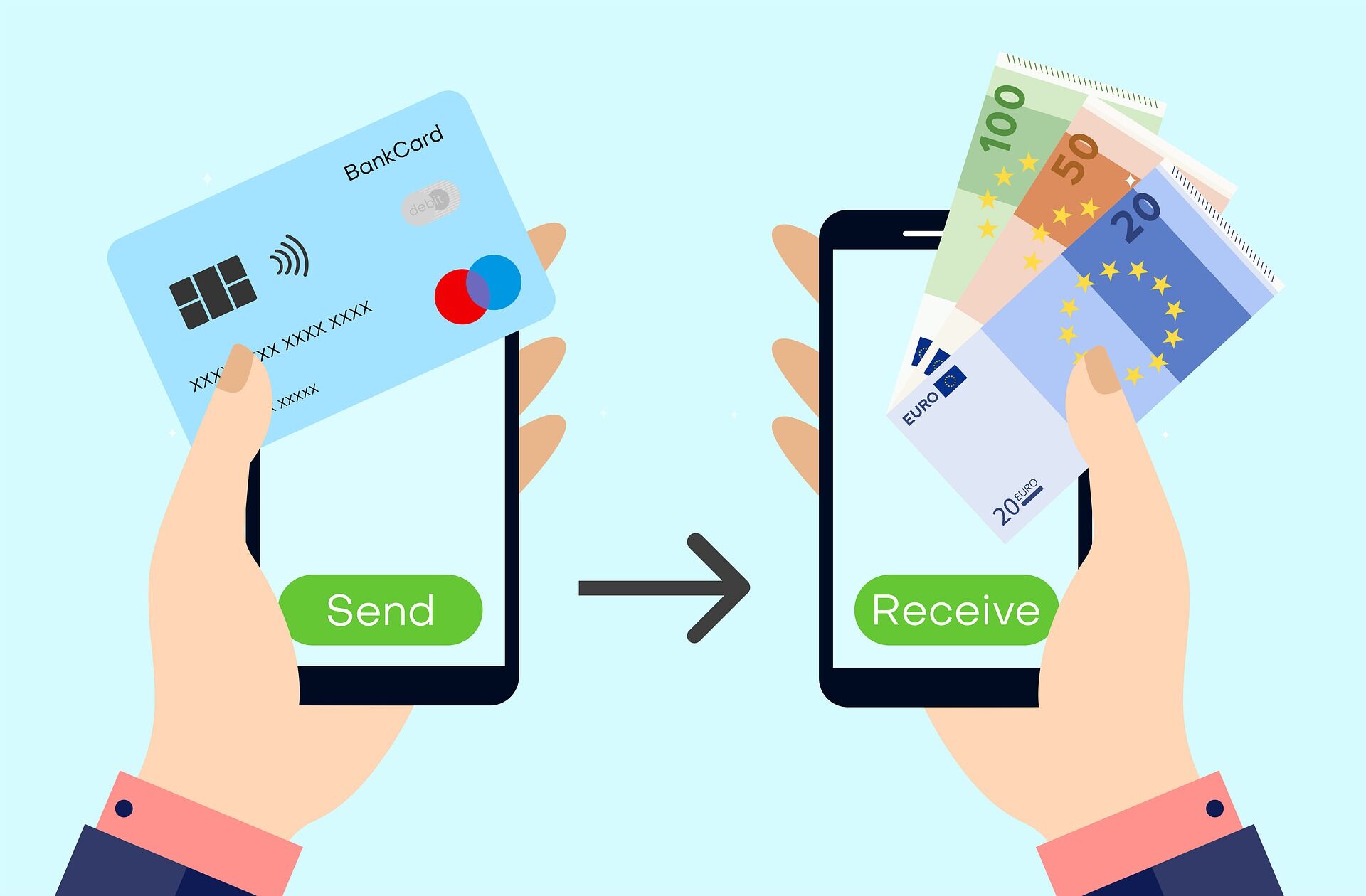Zwei Handys mit Bankkarte, Euroscheine und einem Pfeil für Geldtransfer.