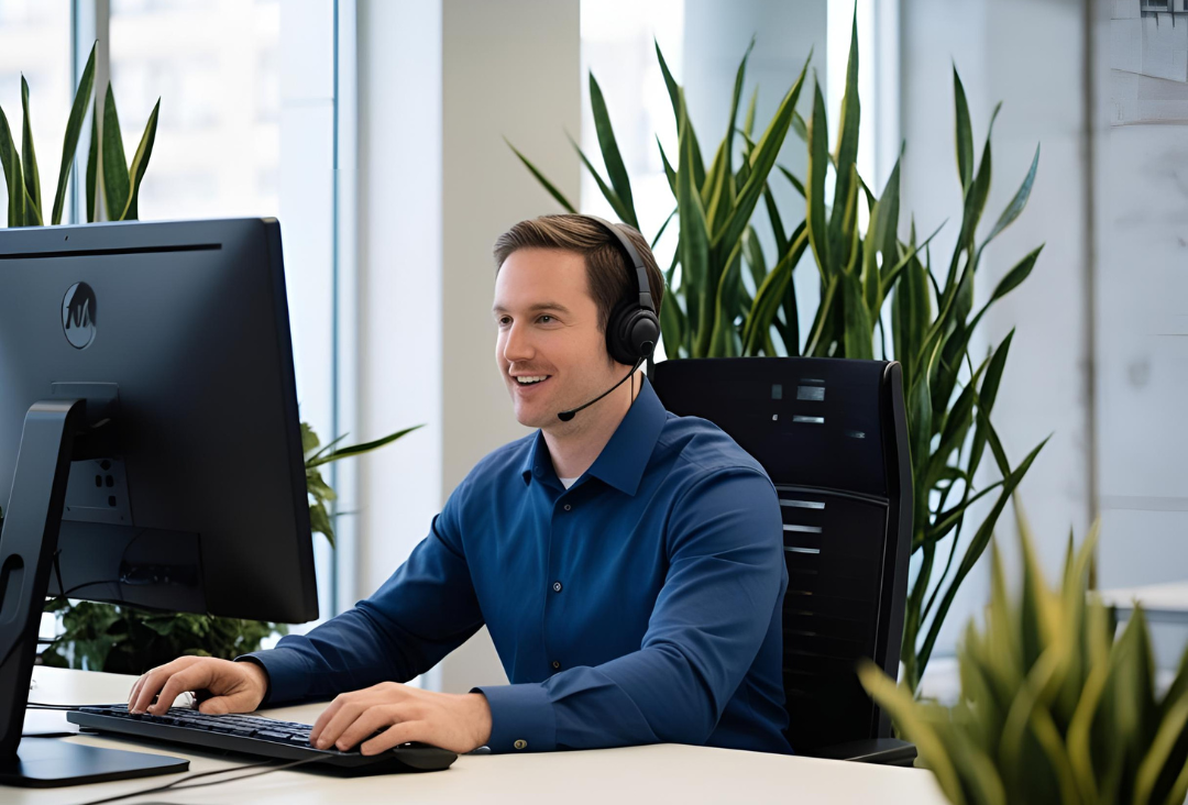 Männliche Person sitzend am PC mit Headset im Büro.