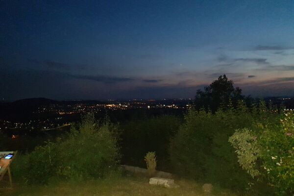 Ausblick von einer Wiese in die Ferne. Dunkelblauer Himmel und Sonnenuntergang. Im Vordergrund stehen Büsche.