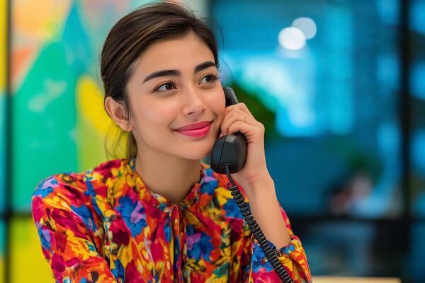 Weibliche Person mit bunter Bluse telefoniert im Office.