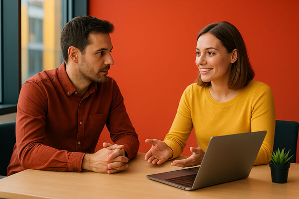 Zwei Personen sitzen am Tisch und sprechen miteinander. Vor ihnen steht ein Laptop.