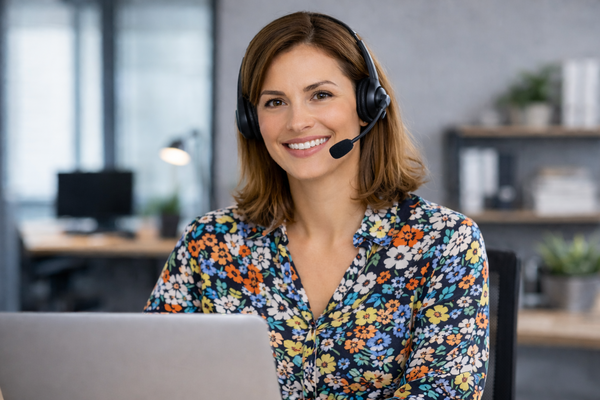 Weibliche Person mit bunter Bluse sitzt mit einem Headset im Büro vor einem Laptop.