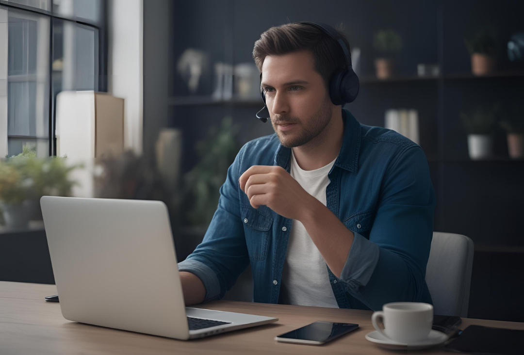 Männliche Person im Homeoffice sitzend vor Laptop mit Headset.