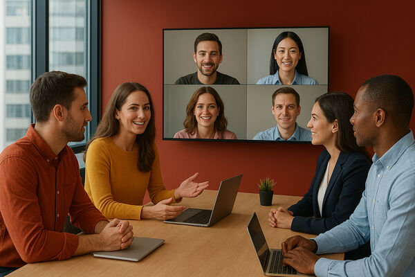 Personen sitzen an einem Tisch. Videokonferenz mit Personen auf dem Bildschirm.