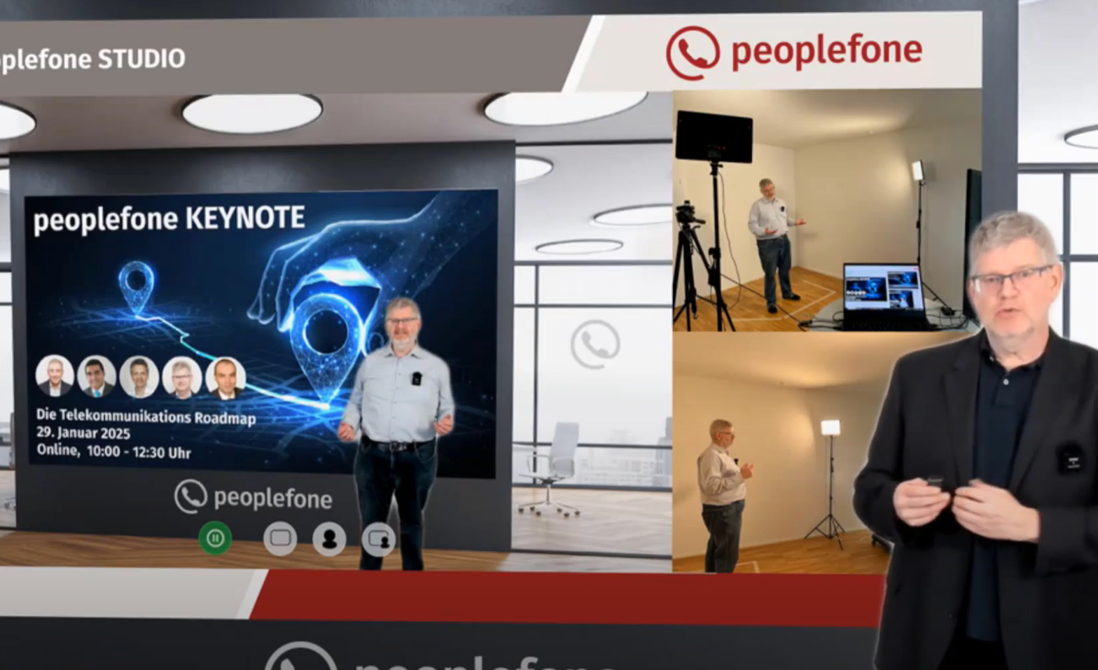 Eine Person steht vor einer Präsentationswand, auf der mehrere Studioansichten sichtbar sind.