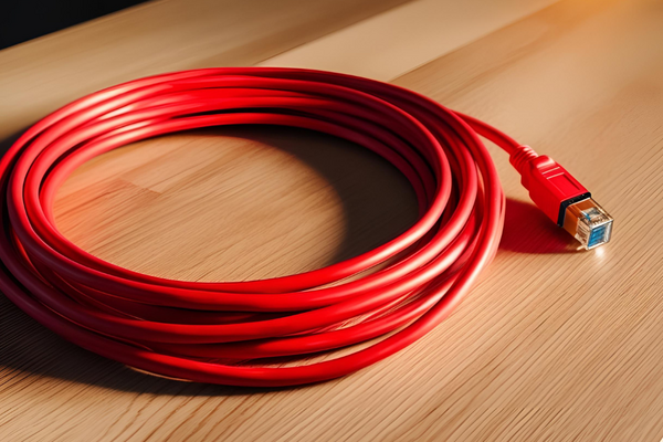 Rotes DSL-Kabel auf Holztisch.