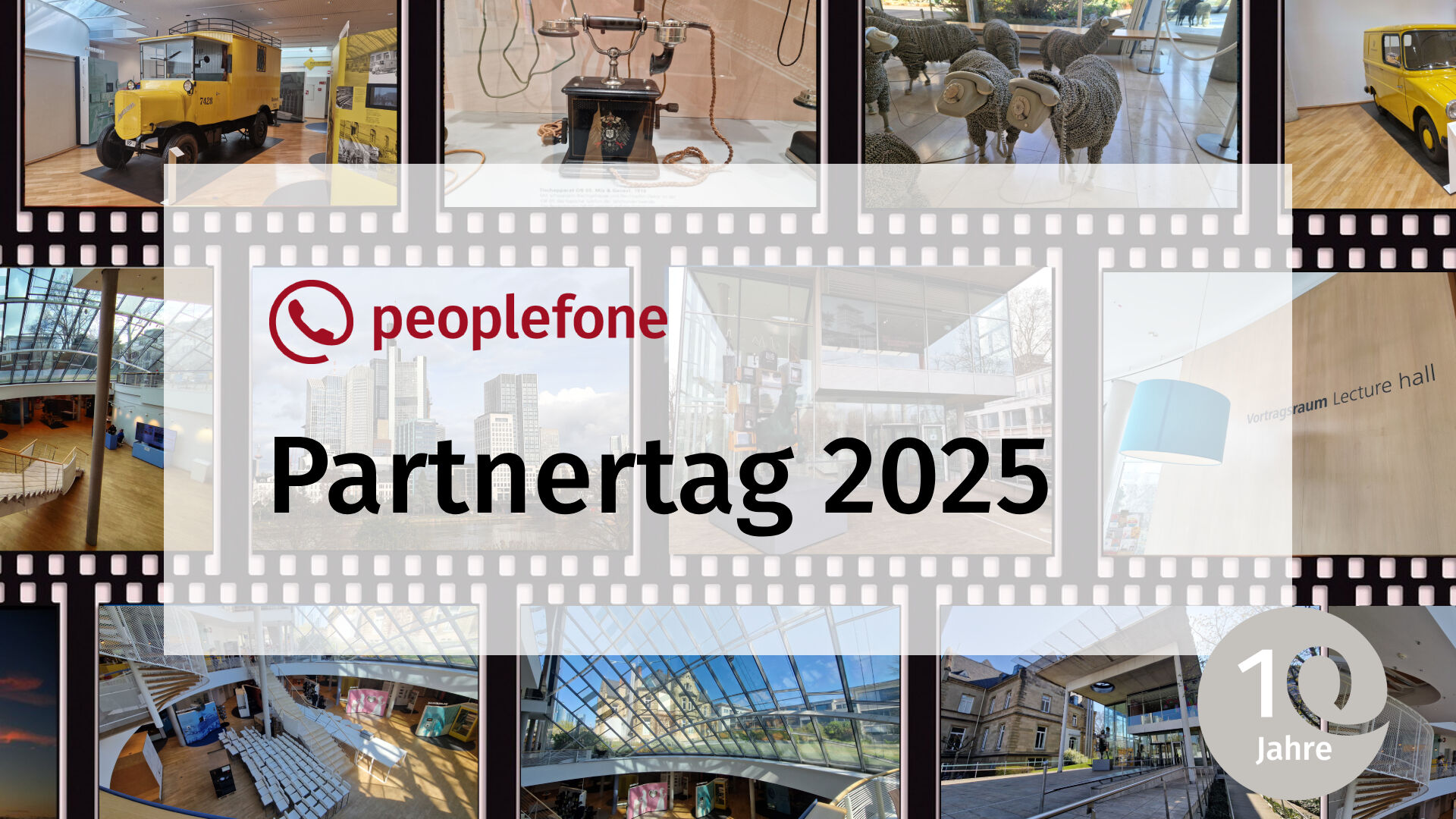 Ausschnitt einer Filmwand mit Bildern vom Partnertag. Im Vordergrund ist das peoplefone Logo und die Aufschrift Partnertag 2025.