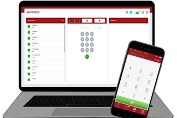 peoplefone SOFTPHONE-Maske auf einem Laptop und einem Handy.