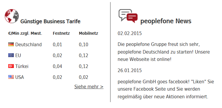 Screenshot mit den ersten Ankündigungen der peoplefone auf der ersten Homepage.