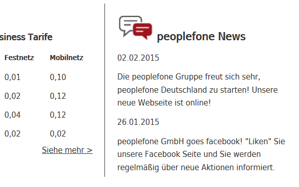 Screenshot mit den ersten Ankündigungen der peoplefone auf der ersten Homepage.