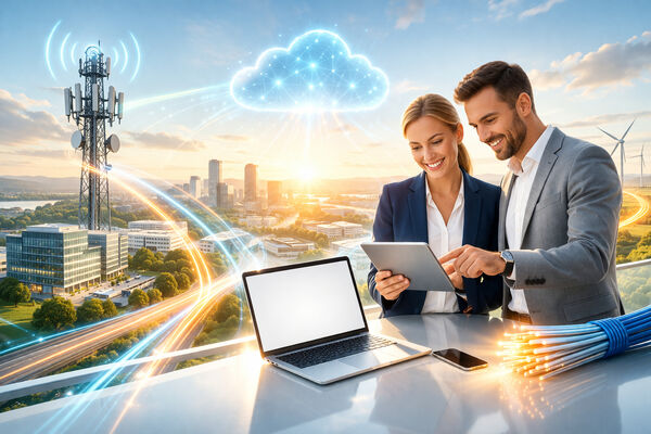 Zwei Personen stehen in einer futuristischen Umgebung bei Sonnenuntergang mit einem Tablet in der Hand.