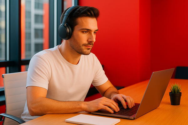 Männliche Person am Schreibtisch mit Headset am Laptop.