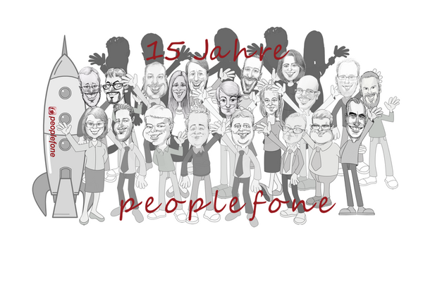 peoplefone Mitarbeiter als Karikaturen stehen mit einer Rakete in der Gruppe zusammen.