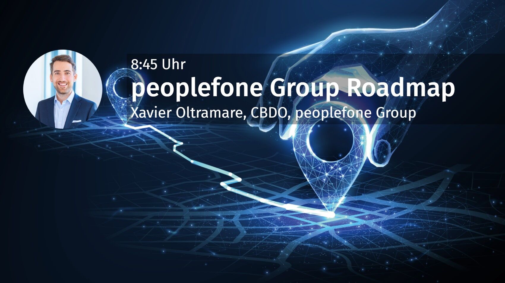 Startfolie mit Referent, Titel der Präsentation und Uhrzeit.