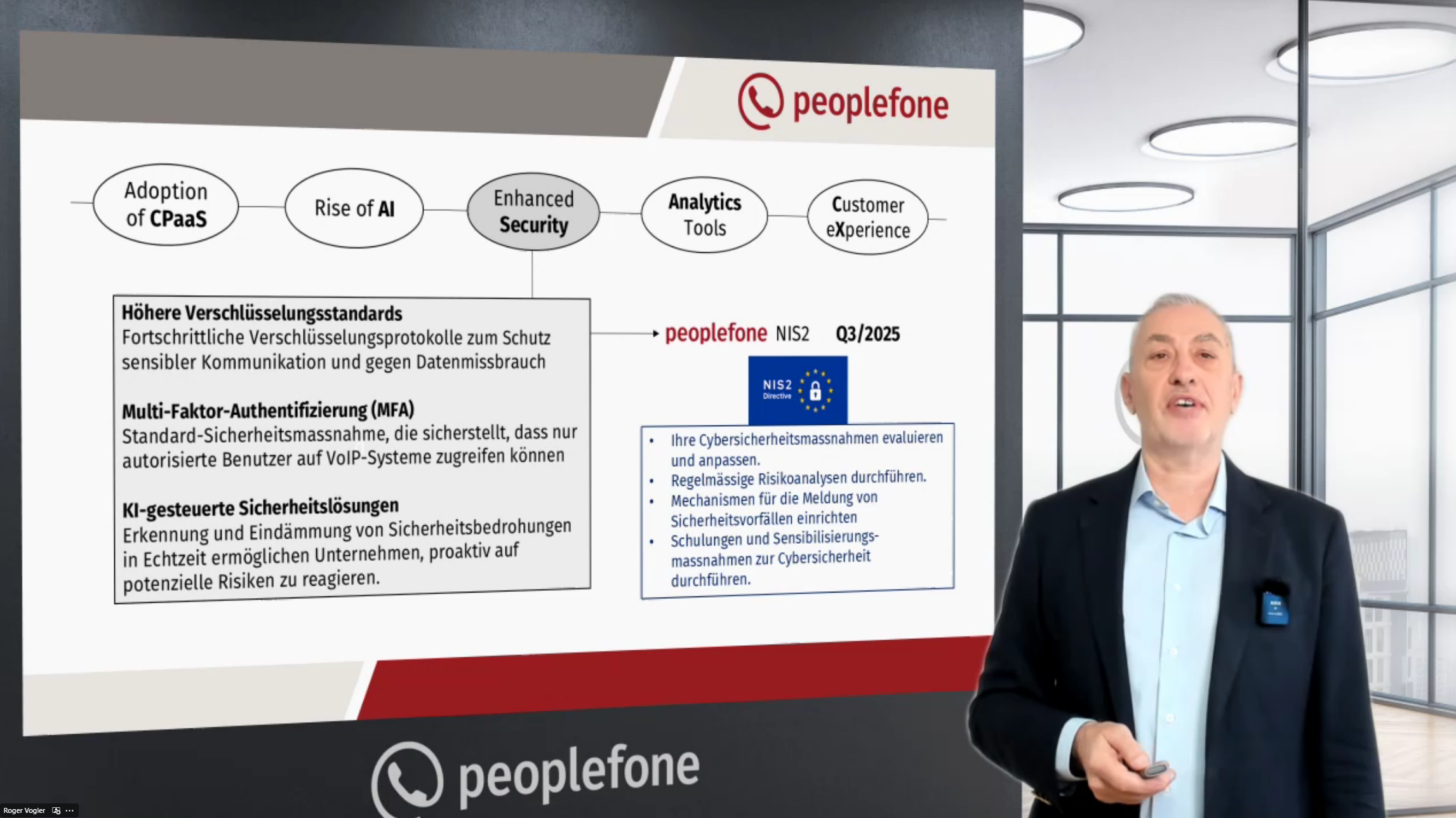 Studioaufnahme. Eine Person steht vor einer virtuellen Leinwand und präsentiert.