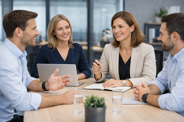 Mehrere Personen sitzen an einem Konferenztisch und diskutieren.