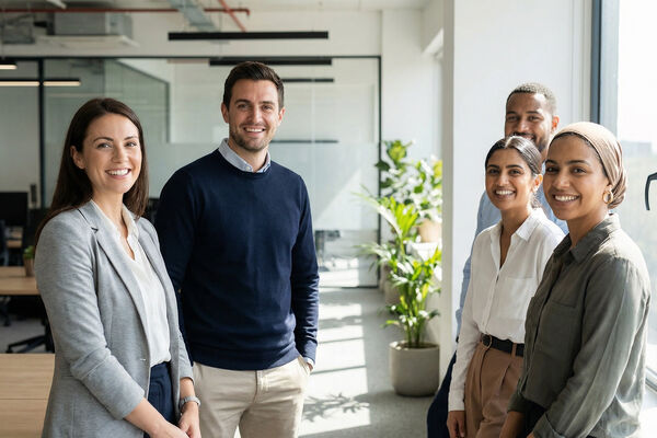 Mehrere Personen stehen in einem Büro und schauen in die Kamera.